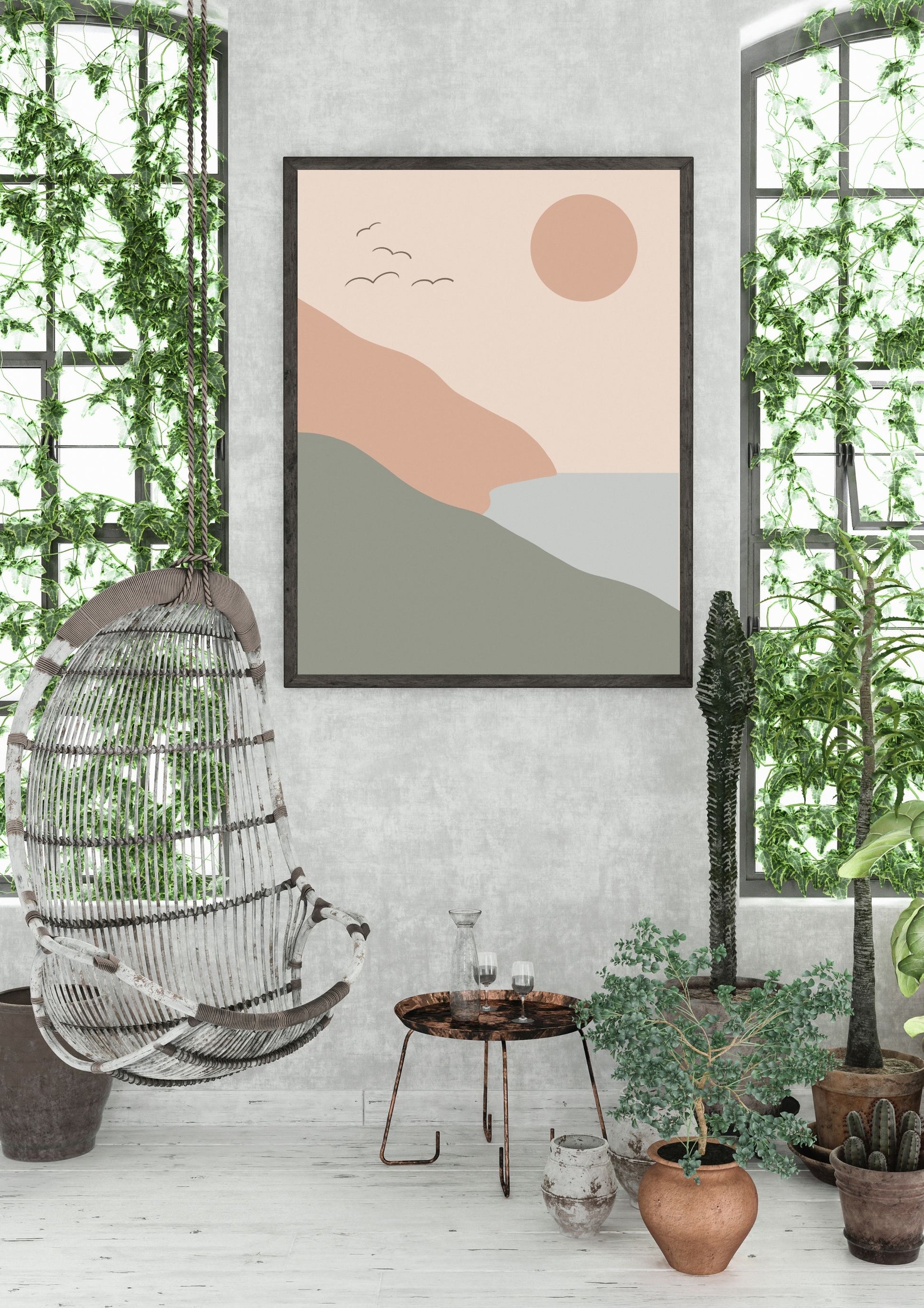 Modern interior with a hanging chair, round table, and abstract wall art.