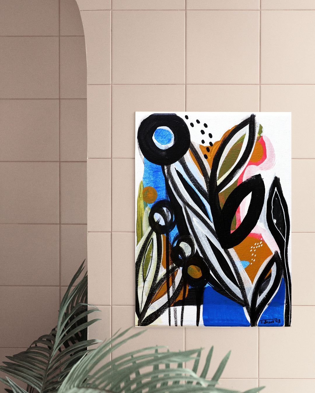 Original Abstract Painting, Midnight Bloom, 18 x 24 cm - Tania Bisaz