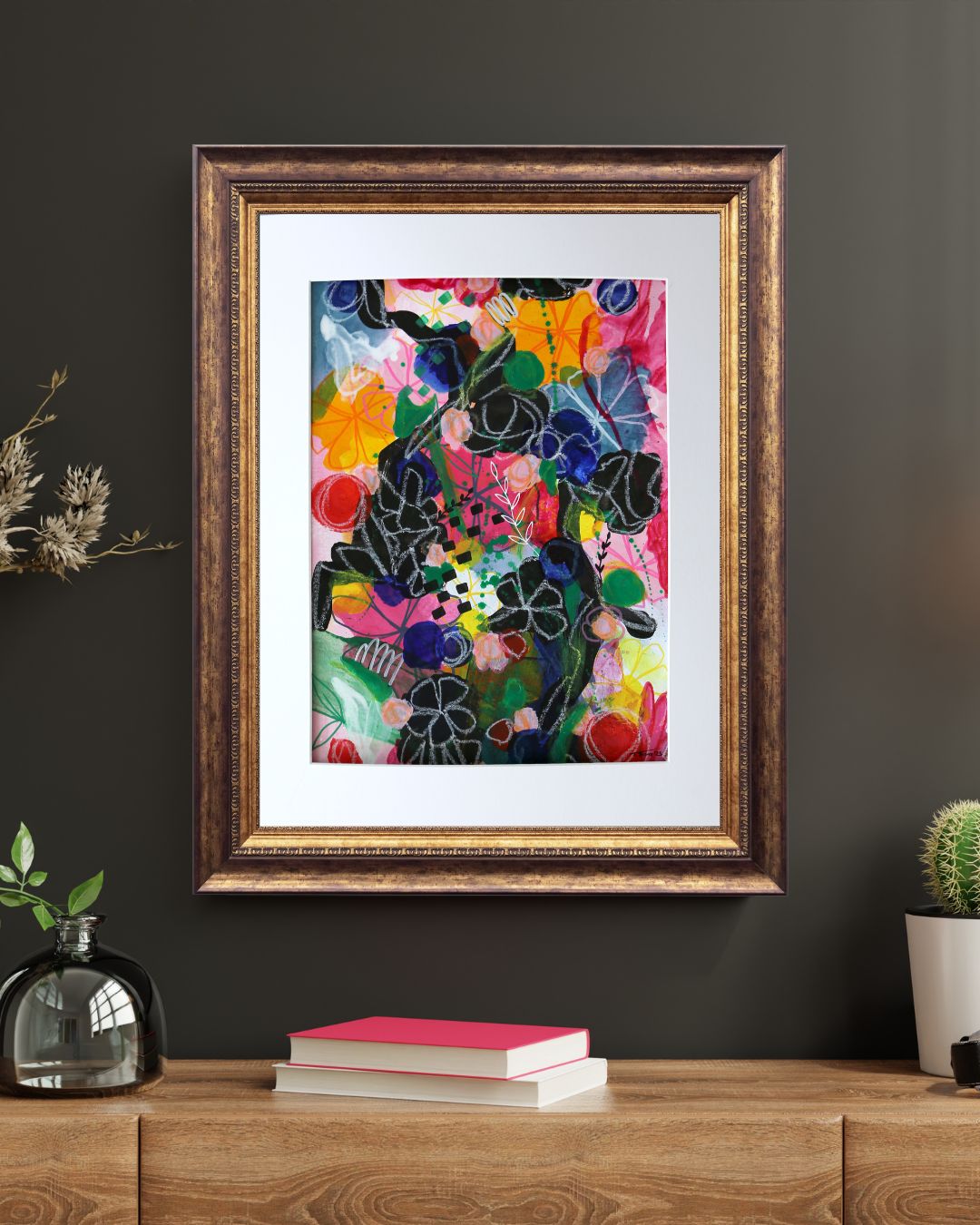 Original Abstract Painting Flowers, 40 x 50 cm