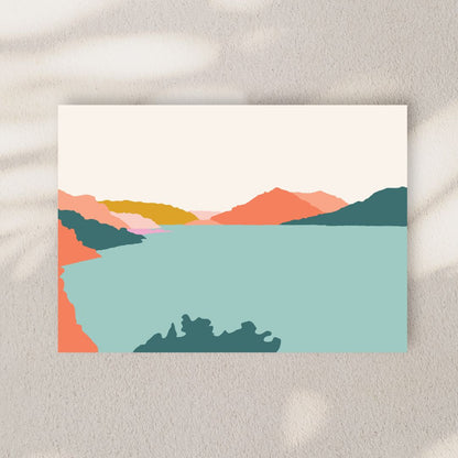 Abstract art print with colorful shapes on a textured wall