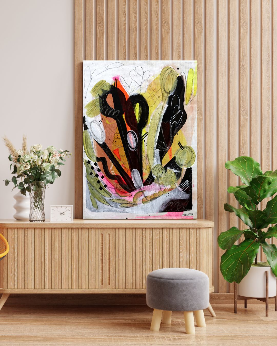 Original Abstract Painting, Bold Botanicals, 30 x 40 cm