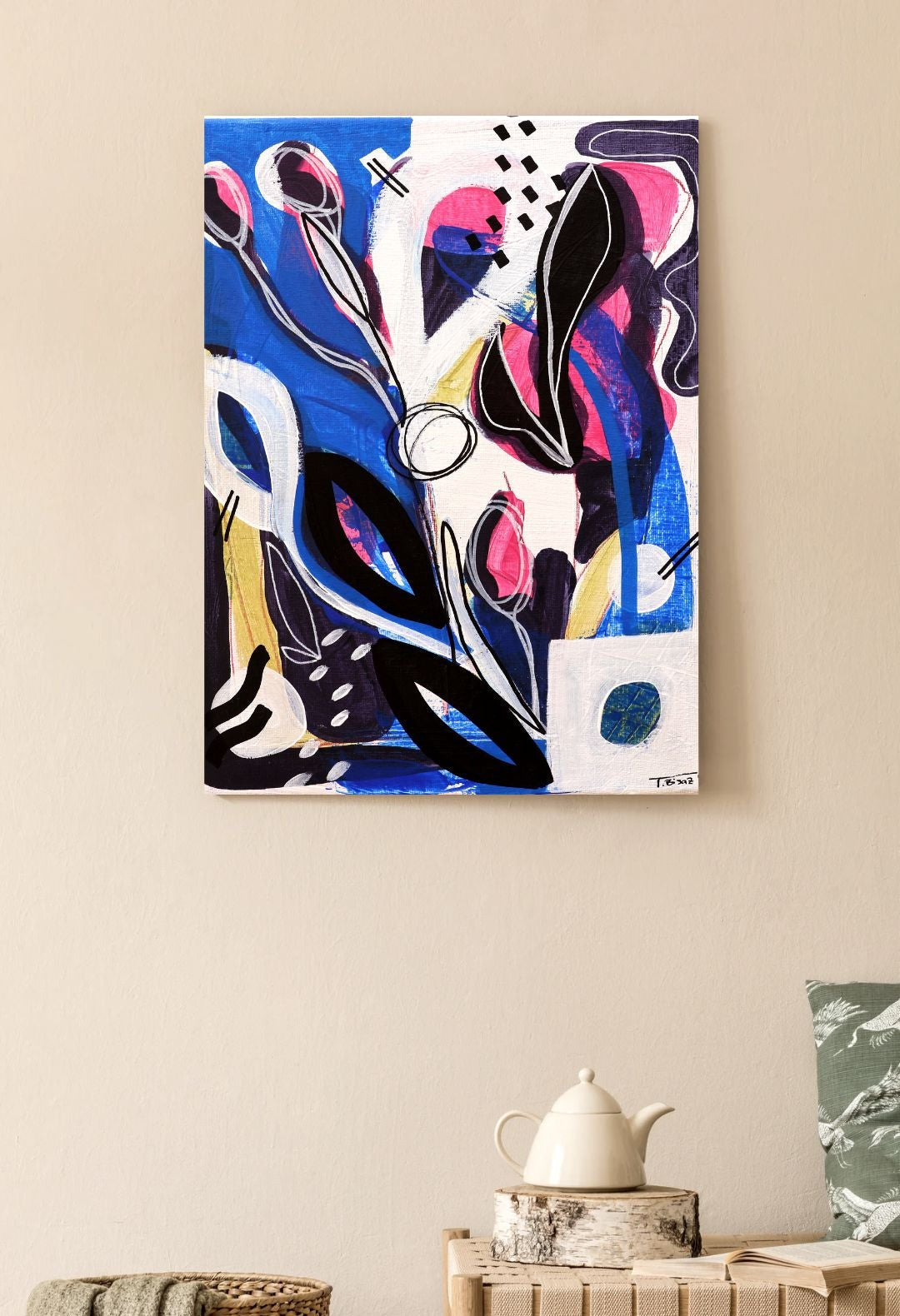 Original Abstract Painting, Midnight Bloom, 24 x 30 cm